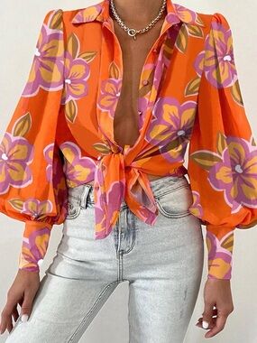 Floral Tie-Front Puff Sleeve Blouse - Orange
